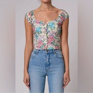 Rolla's Emmy Rosette Top Blouse Floral Print Square Neck Crop Size XL New